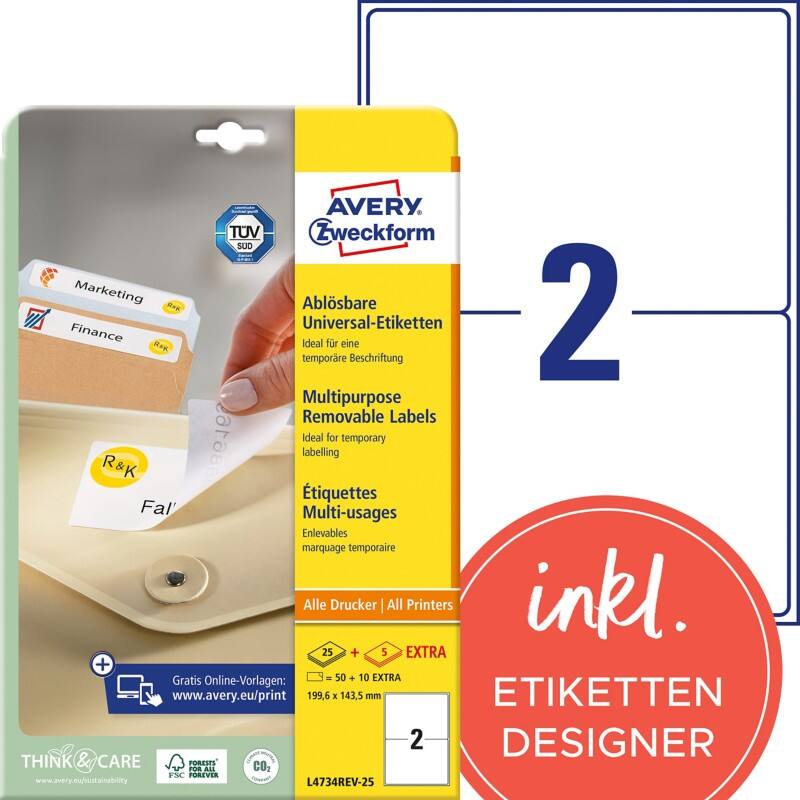 Avery Ultragrip Etiketten L4734REV-25 Klevend A4 Wit 199,6 x 143,5 mm 30 Vellen à 2 Etiketten