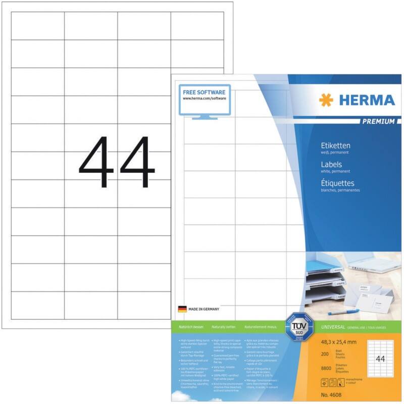 HERMA Etiketten 4608 Klevend A4 Wit 48,3 x 25,4 mm  200 Vellen à 44 Etiketten