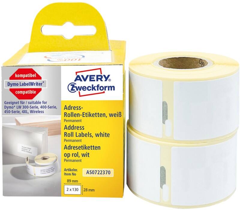 Avery Adresetiket AS0722370 AS0722370 Klevend 28 x 89 mm 2 Rollen à 130 Etiketten