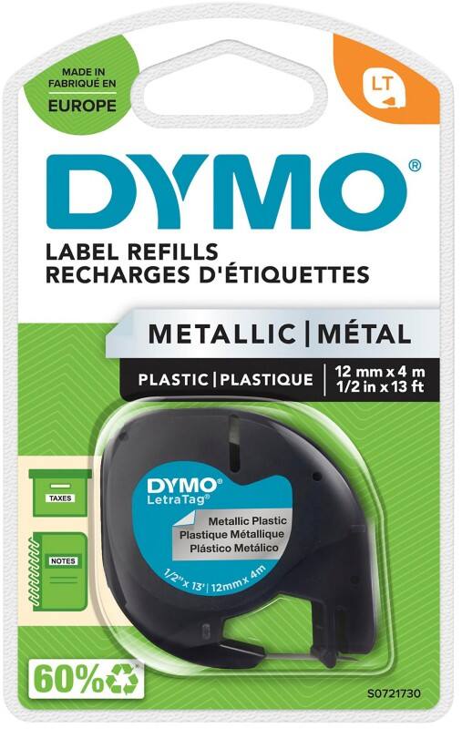 Dymo LT S0721730 / 91208 Authentiek LetraTag Labeltape Zelfklevend Silver 12 mm x 4m