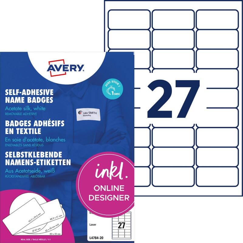 Avery ID-etiketten L4784-20 Klevend A4 Wit 63,5 x 29,6 mm 20 Vellen à 27 Etiketten
