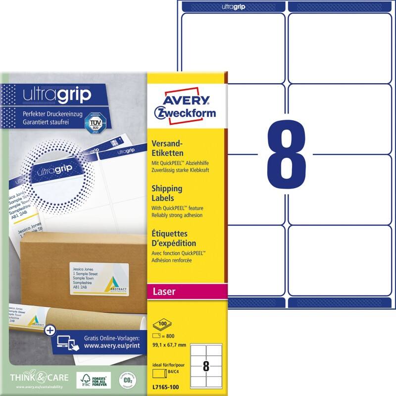 Avery Ultragrip Etiketten L7165-100 Klevend A4 Wit 99,1 x 67,7 mm 100 Vellen à 8 Etiketten