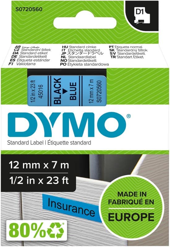 DYMO D1 Etiketteertape Authentiek 45016 S0720560 Zelfklevend Zwart op Blauw 12 mm x 7 m