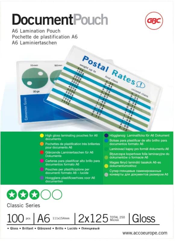 GBC Document Lamineerhoezen A6 Glanzend 125 micron (2 x 125) Transparant 100 Stuks
