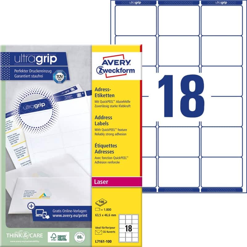Avery UltraGrip Adresetiketten L7161-100 Klevend A4 Wit 63,5 x 46,6 mm 100 Vellen à 18 Etiketten