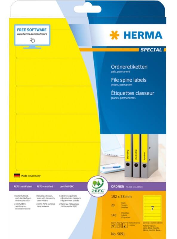 HERMA Ordnerrugetiketten 5091 Geel 38 x 192 mm 7 Vellen à 20 Etiketten