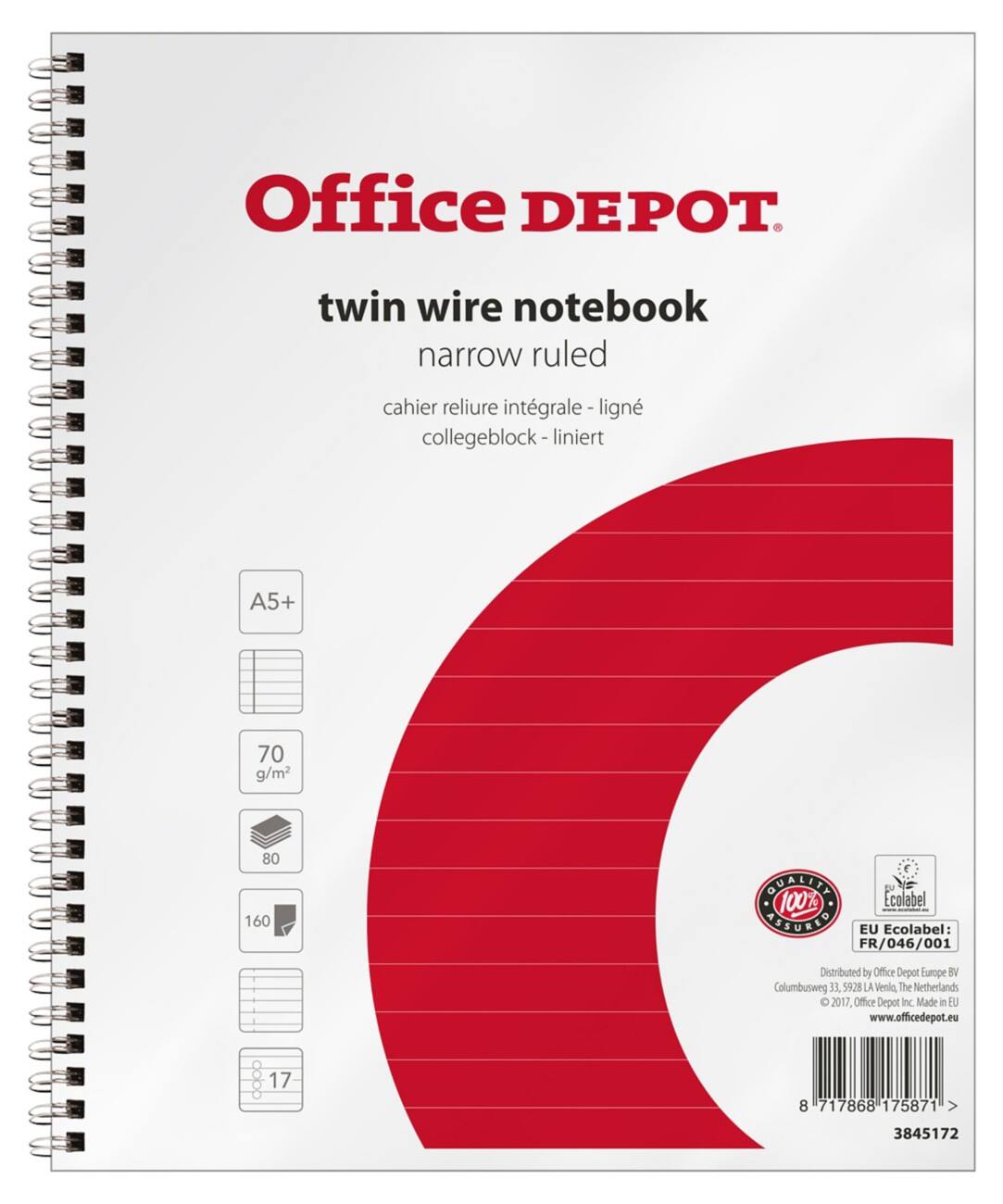 Office Depot A5+ Spiraalblok Wit Papieren kaft Gelinieerd Geperforeerd 5 Stuks à 80 vellen