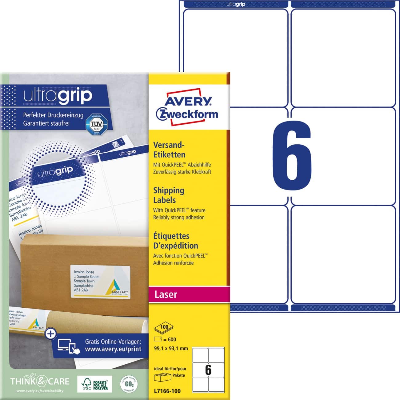 AVERY Zweckform UltraGrip Verzendetiketten L7166-100 Klevend A4 Wit 99,1 x 93,1 mm 100 Vellen à 6 Etiketten