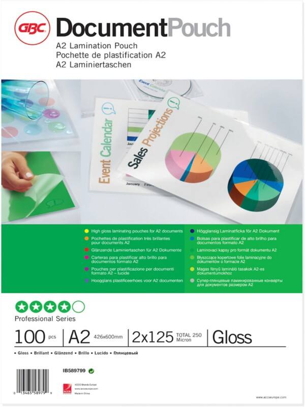 GBC Document Lamineerhoezen A2 Glanzend 125 micron (2 x 125) Transparant 100 Stuks