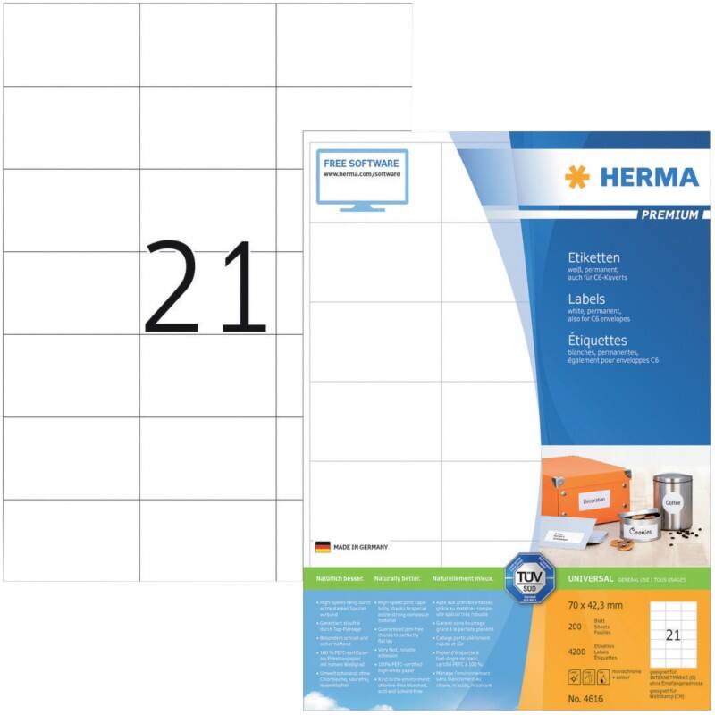 HERMA Etiketten 4616 Klevend A4 Wit 70 x 42,3 mm  200 Vellen à 21 Etiketten