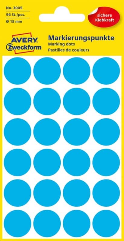 Avery Markeringspunten 3005 Klevend Blauw 4 Vellen à 24 Etiketten