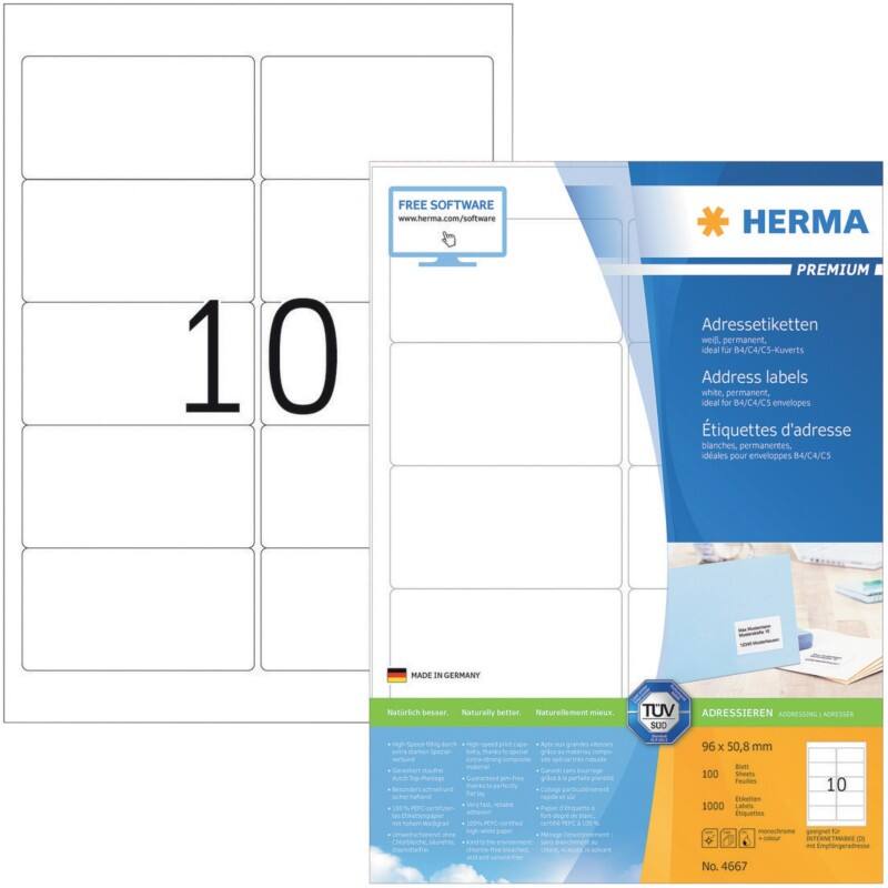 HERMA Etiketten 4667 Klevend A4 Wit 96 x 50,8 mm  100 Vellen à 10 Etiketten