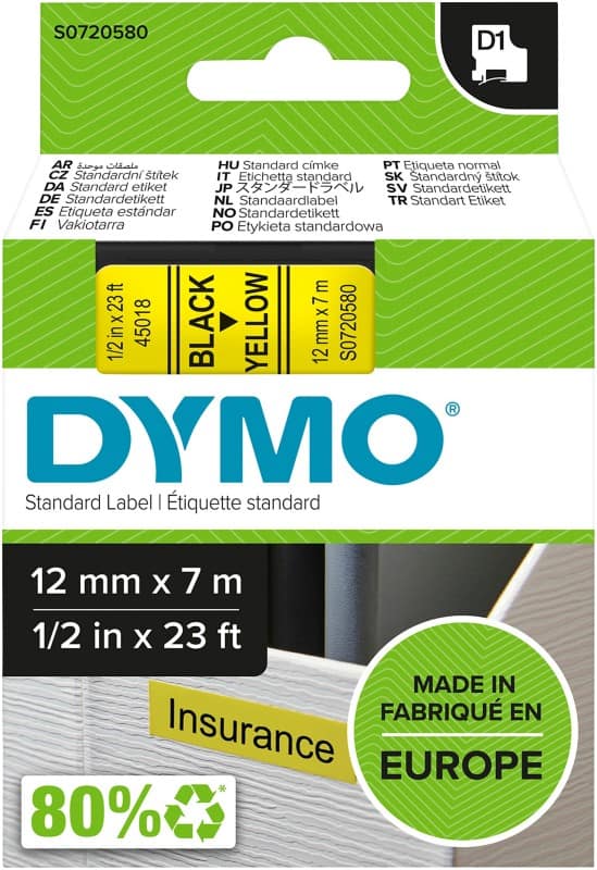Dymo D1 S0720580 / 45018 Authentiek Labeltape Zelfklevend Zwart op geel 12 mm x 7m