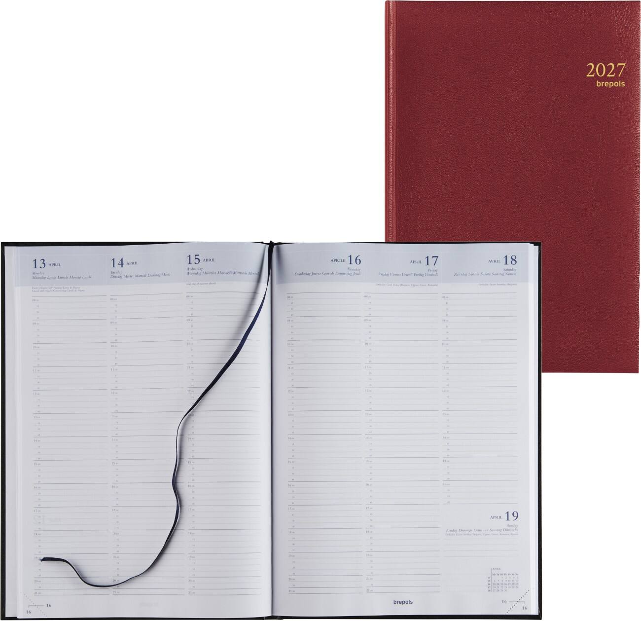 Brepols Agenda Omega Lima 2022 A4 1 Week per 2 pagina's Gewatteerd kunstleer Bordeauxrood 6-talig NL, DU, FR, EN, SP, IT
