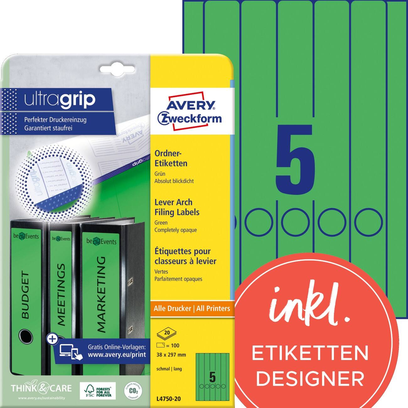 AVERY Zweckform UltraGrip Ordnerrugetiketten Zelfklevend Smal L4750-20 A4 38 x 297 mm Groen 20 Vellen à 5 Etiketten