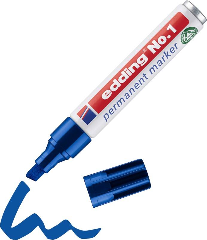 edding No. 1 Permanentmarker 100% Gerecycled Breed Beitelpunt 1 - 5 mm Blauw Navulbaar Waterbestendig
