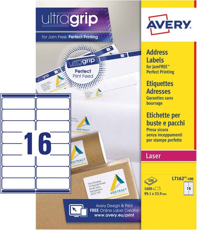 Avery UltraGrip Adresetiketten L7162-100 Klevend A4 Wit 99,1 x 33,9 mm 100 Vellen à 16 Etiketten