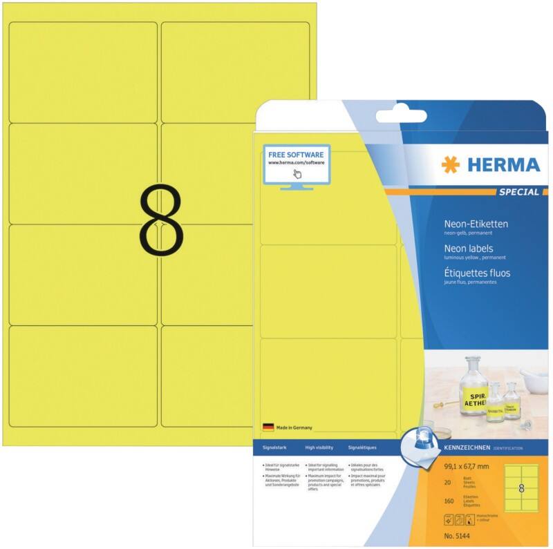 HERMA Etiketten 5144 Klevend A4 Neongeel 99,1 x 67,7 mm  20 Vellen à 8 Etiketten