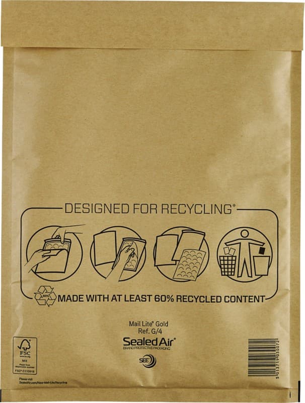 Mail Lite Luchtkussenenveloppen G/4 Goud Zonder Venster 240 (B) x 330 (H) mm Kleefstrip 79 g/m² 10 Stuks