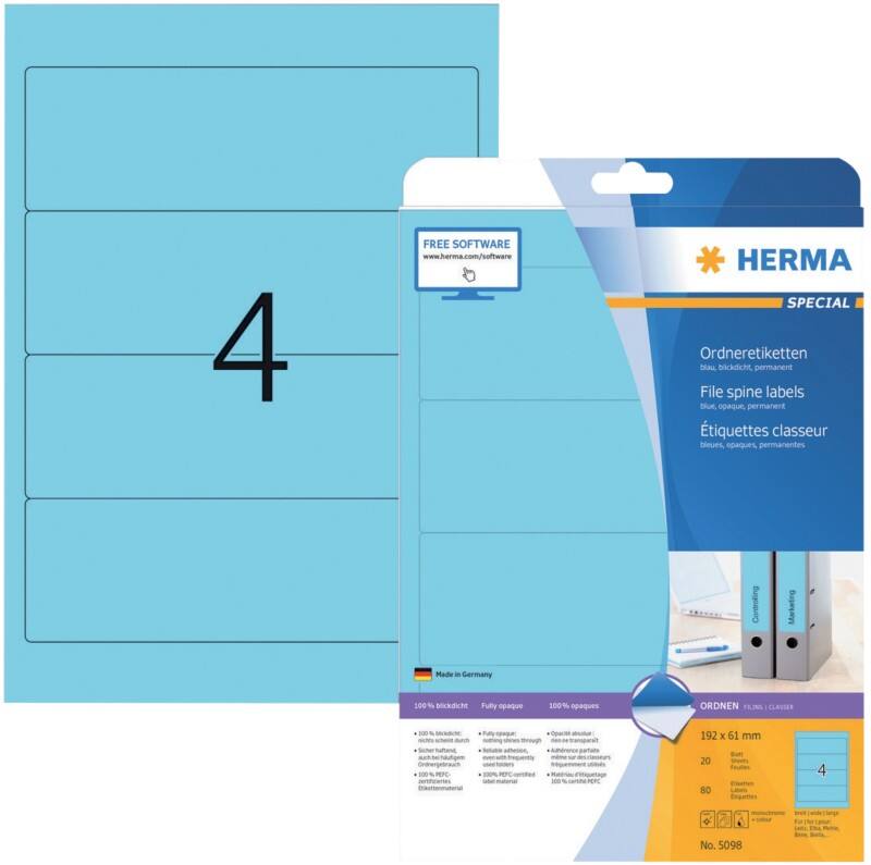 HERMA Ordnerrugetiketten 5098 Blauw 192 x 61 mm 20 Vellen à 4 Etiketten