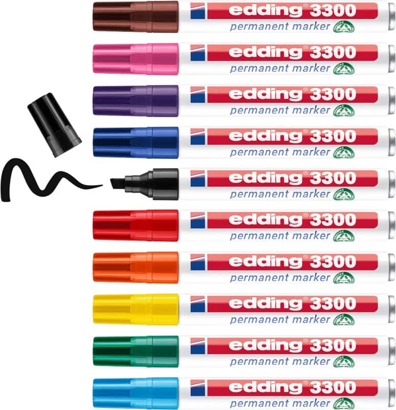 edding 3300 Permanentmarker 100% Gerecycled Breed Beitelpunt 1 - 5 mm Kleurenassortiment Navulbaar Waterbestendig 10 Stuks