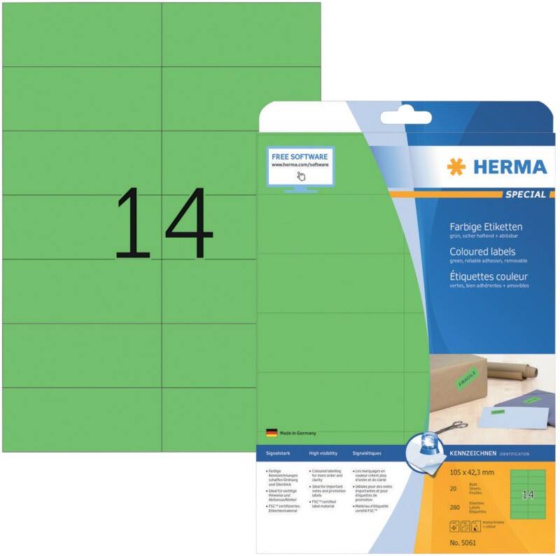 HERMA Laser Etiketten 5061 Klevend A4 Groen 105 x 42,3 mm  20 Vellen à 14 Etiketten