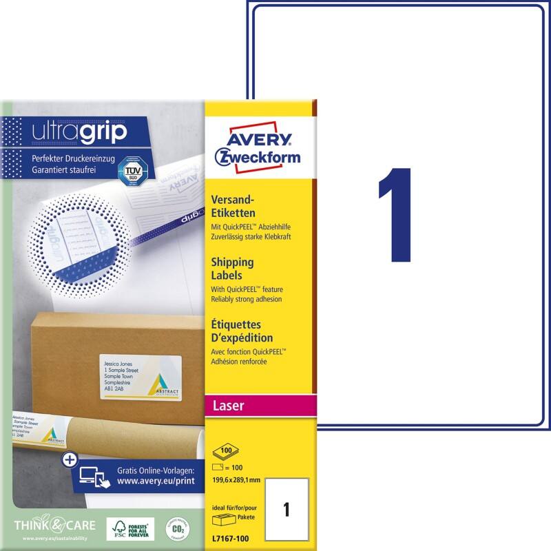 Avery UltraGrip Verzendetiketten L7167-100 Klevend A4 Wit 199,6 x 289,1 mm 100 Vellen à 1 Etiket