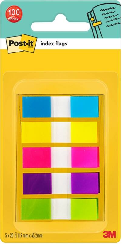 Post-it 6835-5CB Indexen Kleurenassortiment Blanco Speciaal 1,19 x 4,32 cm 70 g/m² 5 Stuks à 20 Strips