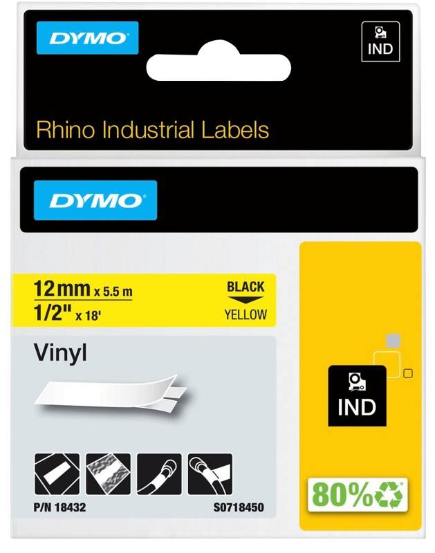 DYMO IND S0718450 Lettertape Vinyl Rhino Authentiek Zelfklevend Zwart op Geel 12 mm x 5,5 m 1 à 5.5 m