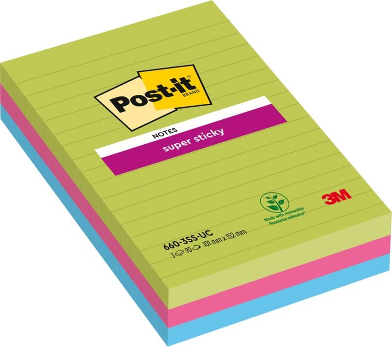 Post-it Ultra Super Sticky Notes 101 x 152 mm Kleurenassortiment Rechthoekig Gelinieerd 3 Stuks à 90 Vellen