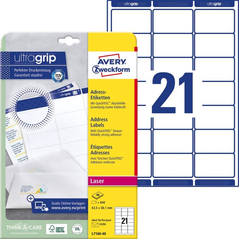 Avery Ultragrip Etiketten L7160-40 Klevend A4 Wit 63,5 x 38,1 mm 40 Vellen à 21 Etiketten