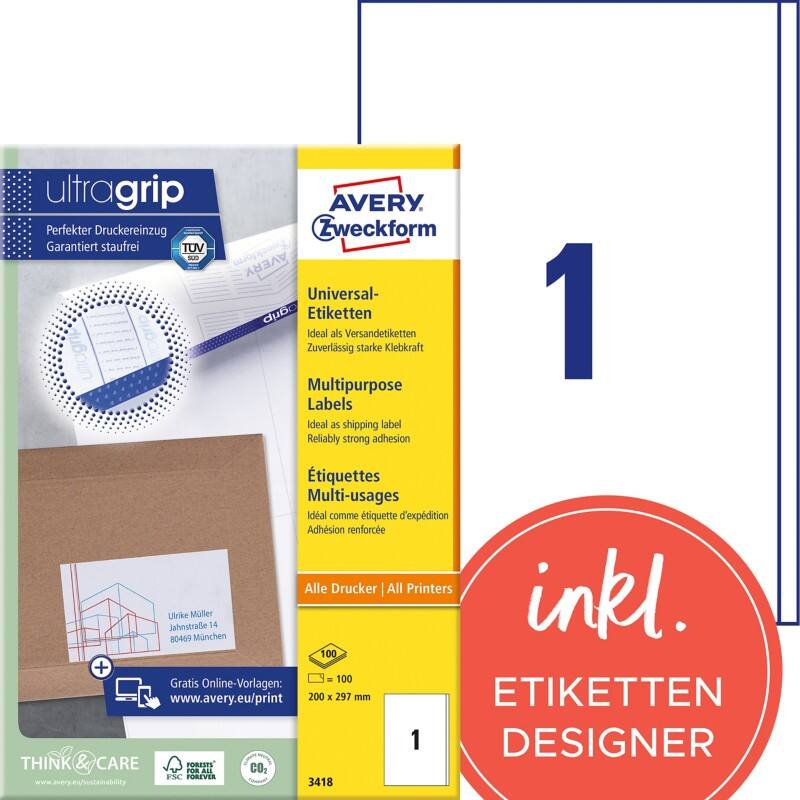 Avery Ultragrip Etiketten 3418 Klevend A4 Wit 200 x 297 mm 100 Vellen à 1 Etiketten