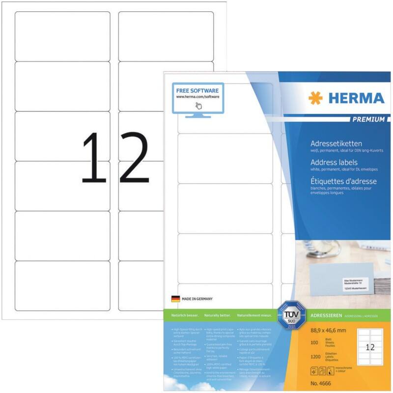 HERMA Etiketten 4666 Klevend A4 Wit 88,9 x 46,6 mm  100 Vellen à 12 Etiketten