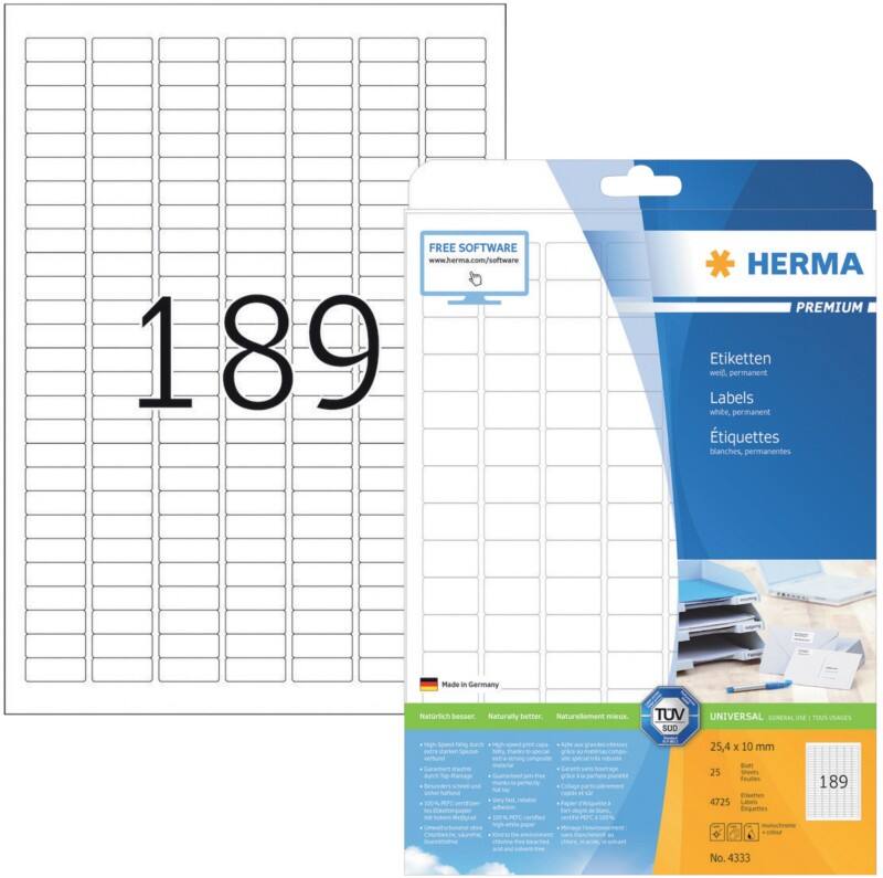 HERMA Etiketten 4333 Klevend A4 Wit 25,4 x 10 mm  25 Vellen à 189 Etiketten