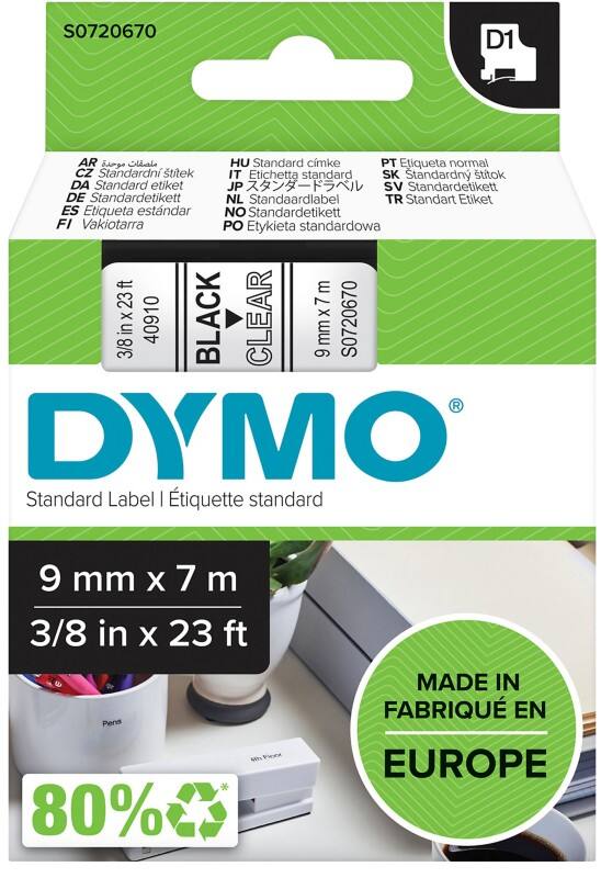 DYMO D1 Etiketteertape Authentiek 40910 2027786 Zelfklevend Zwart op Transparant 9 mm x 7 m
