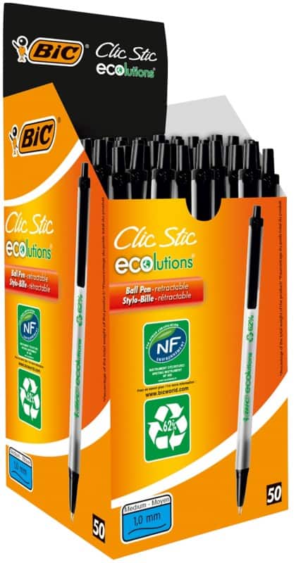 BIC ECOlutions Clic Stic ECOlutions Round Stic Intrekbaar Balpen Zwart 0,4 mm Medium Balpen 62% Gerecycled 50 Stuks