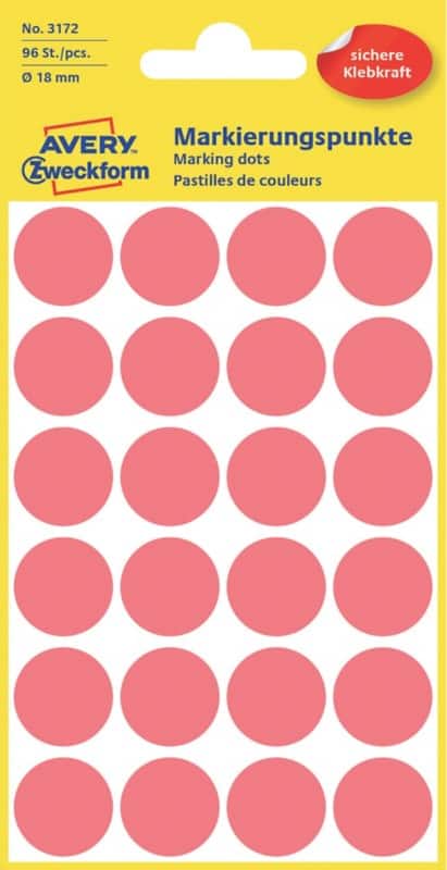 Avery Markeringspunten 3172 Klevend Speciaal Helderrood 18 x 18 mm 4 Vellen à 24 Etiketten