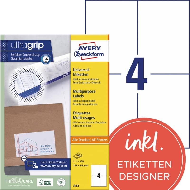 Avery UltraGrip Multifunctionele etiketten 3483 Klevend A4 Wit 105 x 148 mm 100 Vellen à 4 Etiketten