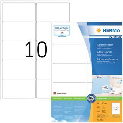 HERMA Premium Adresetiketten 4268 Zelfklevend A4 Wit 99,1 x 57 mm 100 Vellen à 10 Etiketten