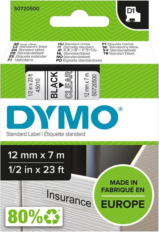 DYMO D1 Etiketteertape Authentiek 45010 S0721440 Zelfklevend Zwart op Transparant 12 mm x 7 m