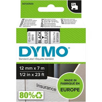 Dymo D1 S0720500 / 45010 Authentiek Labeltape Zelfklevend Zwart op transparant 12 mm x 7m