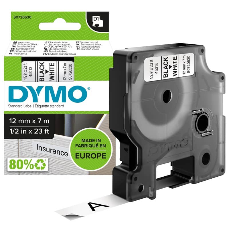DYMO D1 Etiketteertape Authentiek 45013 S0720530 Zelfklevend Zwart op Wit 12 mm x 7 m