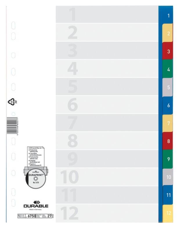 DURABLE 1 tot 12 Numerieke tabbladen A4 Kleurenassortiment 12 tabs PP (Polypropeen) 11 Gaten 6750