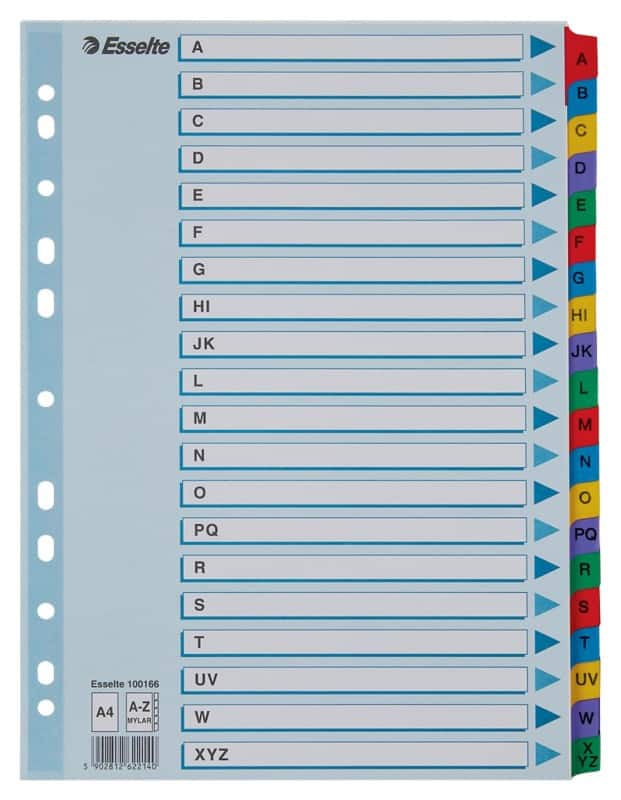 Esselte Mylar Index 100166 A4 Met versterkte tabs Veelkleurig 20 Tabs 11-gaats 160 g/m² Karton A tot Z