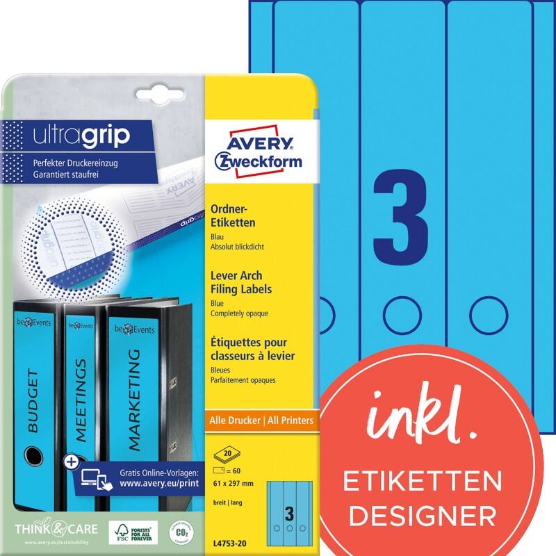 Avery UltraGrip Rugetiket L4753-20 Klevend A4 Blauw 6,1 x 29,7 cm 20 Vellen à 3 Etiketten