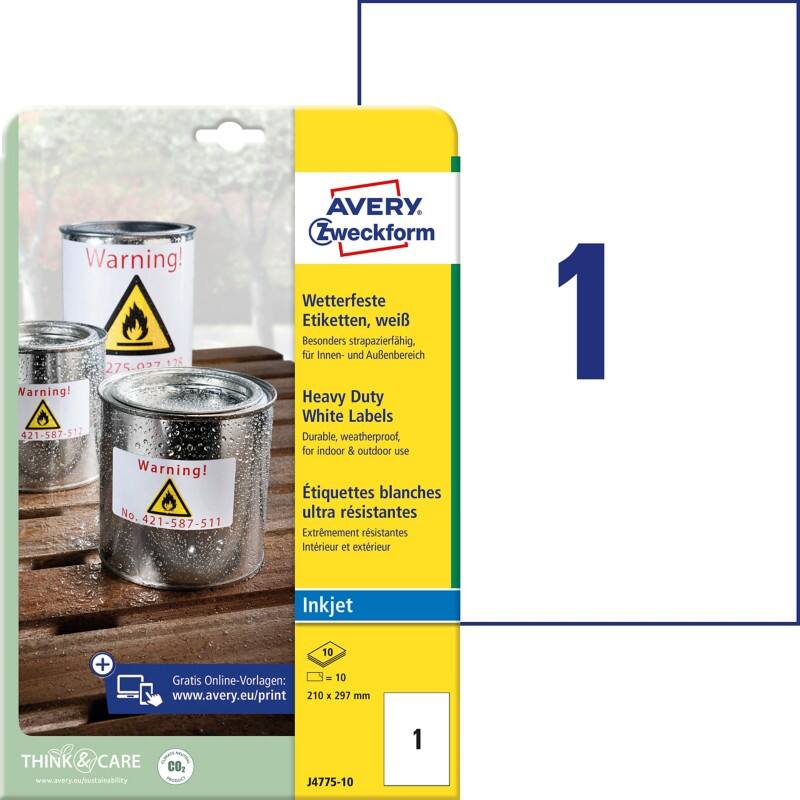 Avery Waterbestendige folie-etiketten J4775-10 Klevend A4 Wit 29,7 x 32,7 x 0,5 cm 10 Stuks à 1 Etiketten