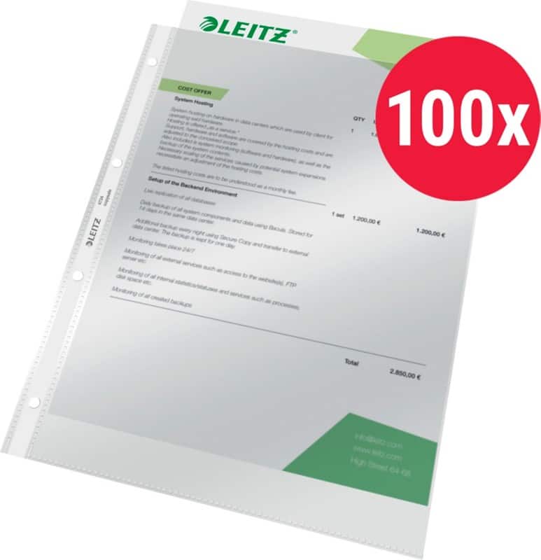 Leitz Premium Showtassen A4 Glashelder Transparant 80 micron PVC (Polyvinylchloride) Boven 4 Gaten 100 Stuks