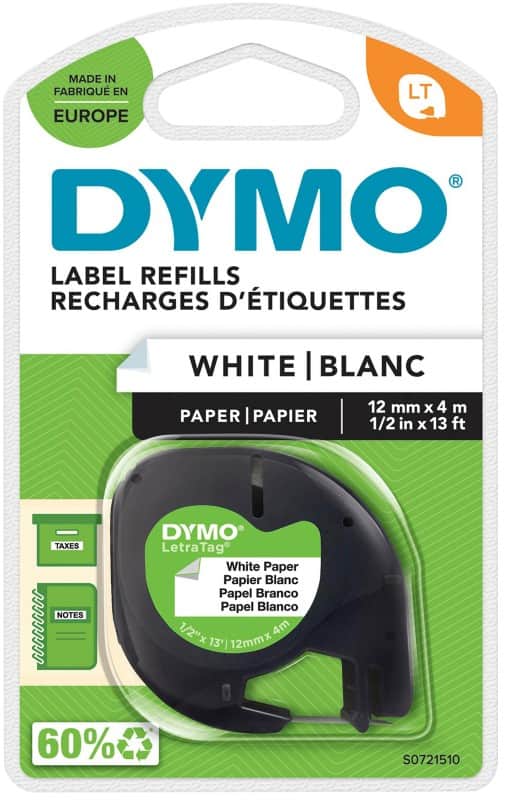 Dymo LT S0721510 / 91200 Authentiek LetraTag Paper Labeltape Zelfklevend Wit 12 mm x 4m