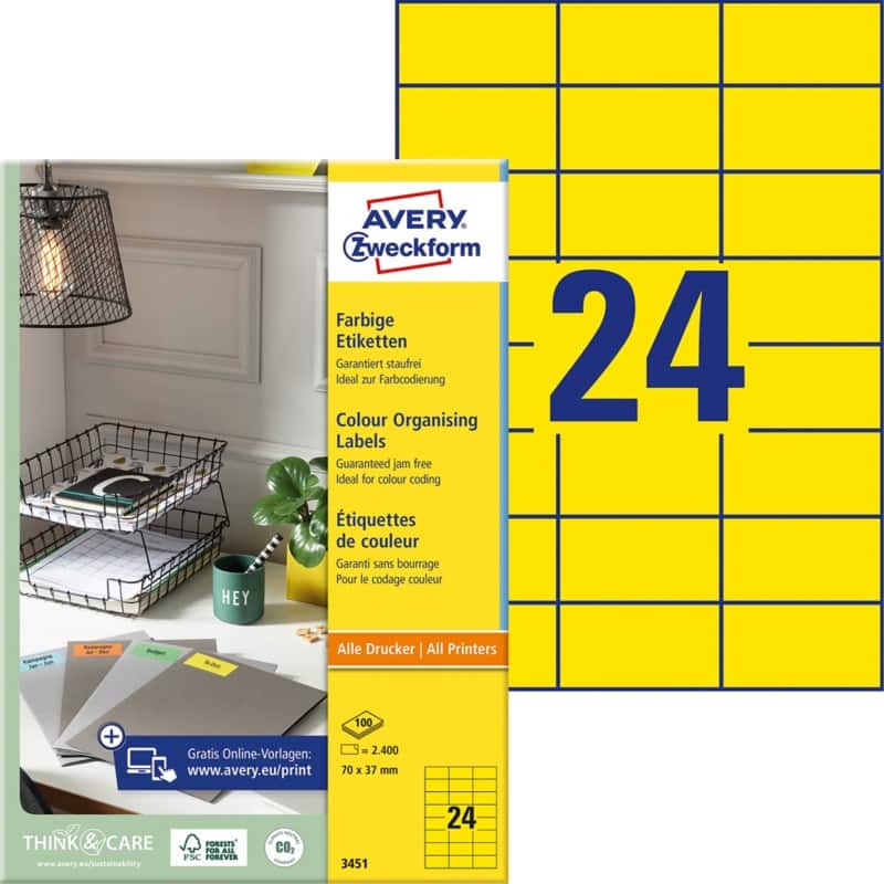 Avery Etiketten 3451 Klevend A4 Geel 70 x 37 mm 100 Vellen à 24 Etiketten