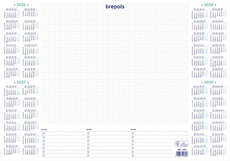 Brepols DeskMate Bureaukalender 2026, 2027, 2028, 2029 Nederlands, Frans, Duits, Engels 35 (B) x 0,5 (D) x 50 (H) cm Wit 40 Vellen
